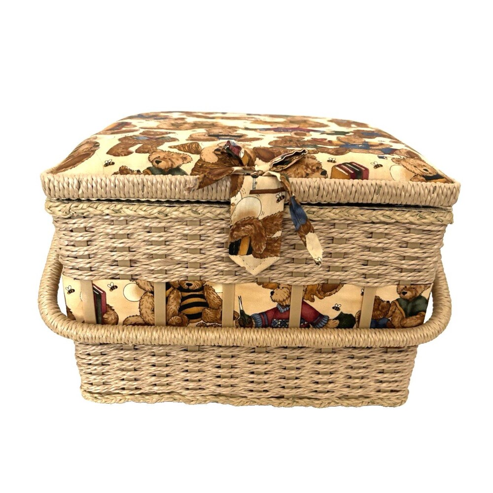 Vintage Craft Sewing Basket Box Tapestry Woven Wicker 10X10 Quilting Bee Bears